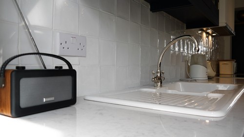 Silestone Lagoon Worktop with V&B Ceramic Sink and Perrin & Rowe Tap